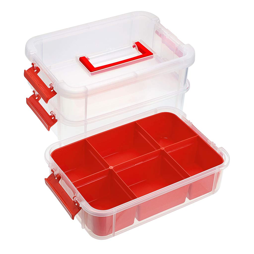 JUXYES 3-Tiers Stack Carry Storage Box With Divided Tray  Transparent Stackable Storage Bin With Handle Lid Latching Storage Container for School & Office Supplies (Red)