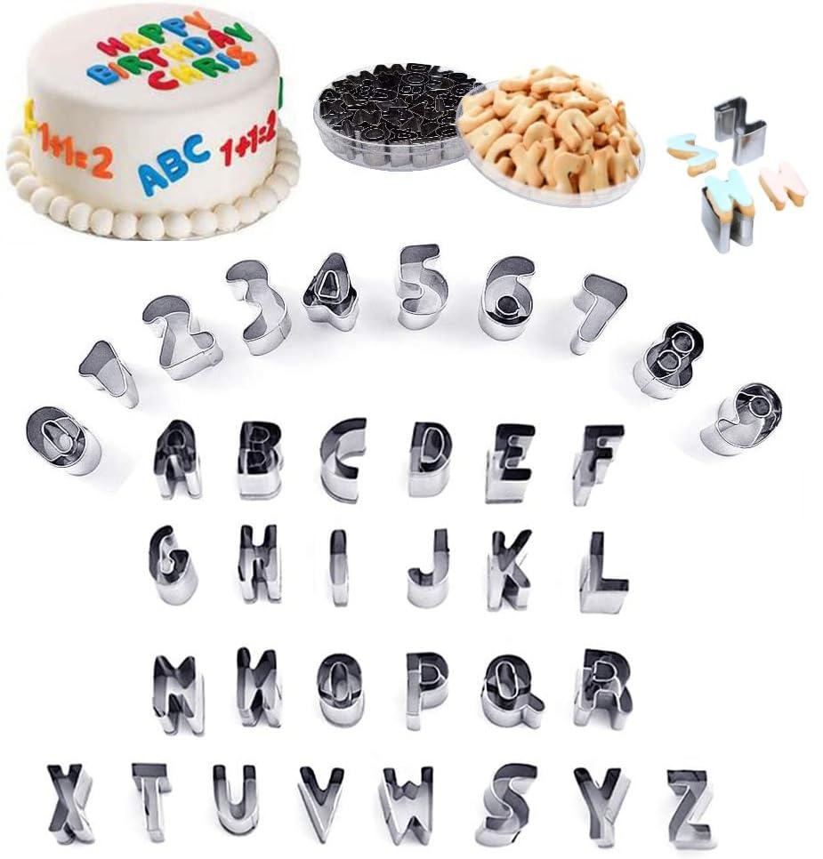 Mini Alphabet Number Cookie Cutters Sets Of 37 Pieces Letter Mold Tools For Fondant Biscuit,Cake,Fruit,Vegetables,Or Dough Stain