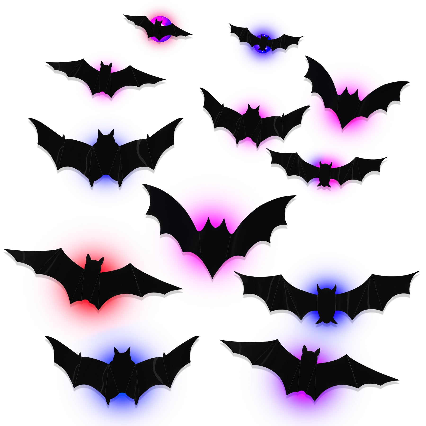 Halloween Led Bats Light Wall Stickers Glow In The Dark 3D Wall Decor For Home Decor Indoor Party Decorations (12, 5 Sizes)