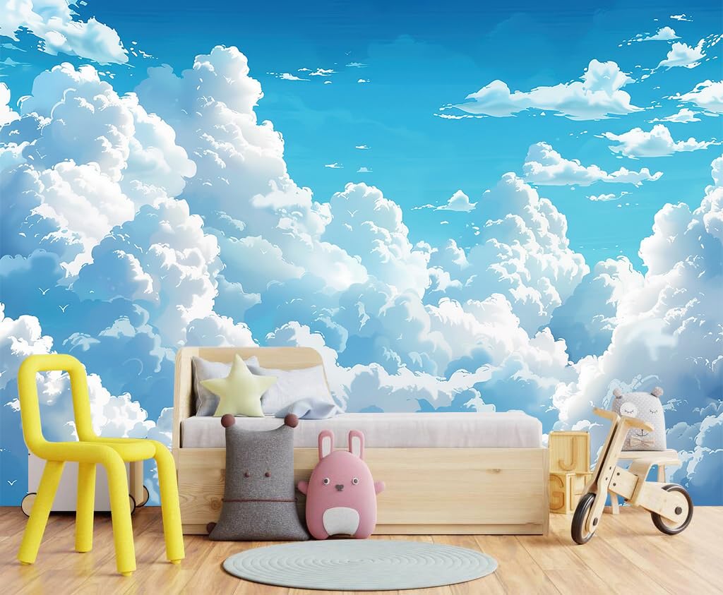 WXHFM - Nursery Blue Sky and White Clouds Wallpaper Kids wall murals for Bedroom - 137x96 (Not Peel and Stick)