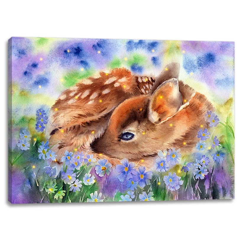 Alottagifts Fawn Deer Flowers Lighted Canvas Wall Art Print 16'' X 12'' With Timer | Led Canvas Canvas Wall Art Print Design (Fa