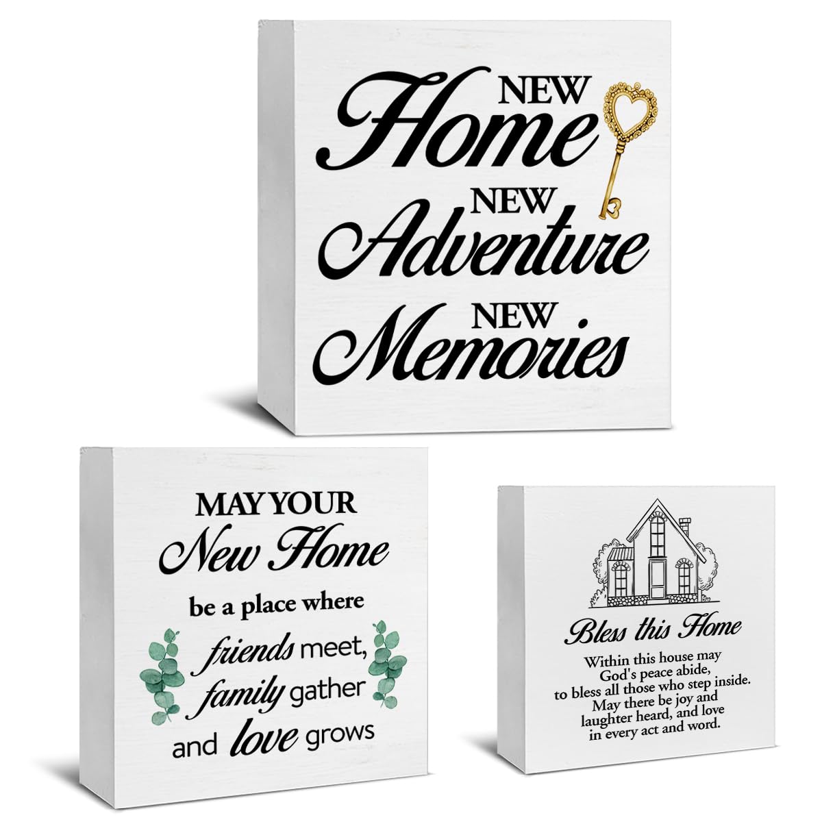 Nvhai 3 Pcs New Home Wood Signs Decor Housewarming Gifts New Home Owner Gifts New Home New Memories Bless This Home Wooden Block