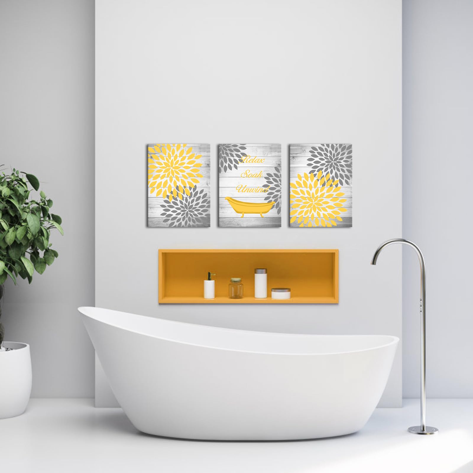Ryounoart 3 Pieces Yellow Gray Bathroom Wall Art Prints Dahlia Flowers Relax Soak Unwind Signs On Rustic Wood Background Canvas