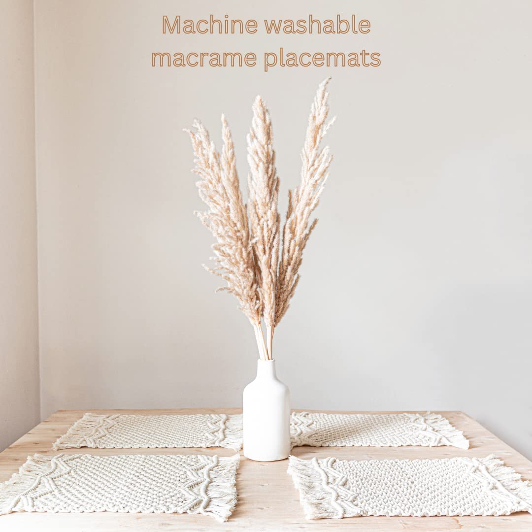Snuglife Macrame Placemats Set Of 6 - Handmade Cotton Woven Boho Placemats - Modern Farmhouse Fringe Placemats For Dining Table,