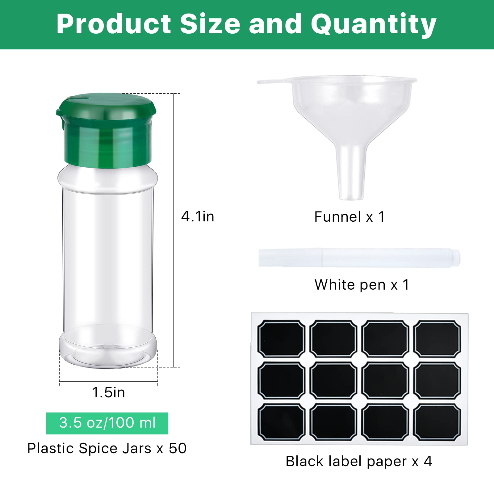 Supkiir Plastic Spice Jars, 50Pcs Spice Containers with Shaker Lids Bottles Seasoning Shaker Jars 3.3 oz/100ml for Storing Spice