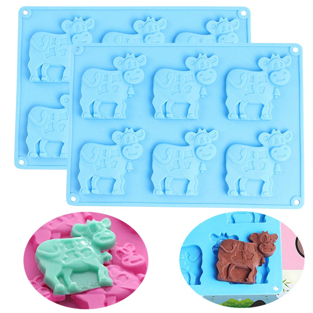 2 Pack Cow Chocolate Molds, Dairy Cattle Cake Pan Silicone Candy Fondant Biscuit Cookie Baking Mold Soap Lotion Bars Polymer Cla