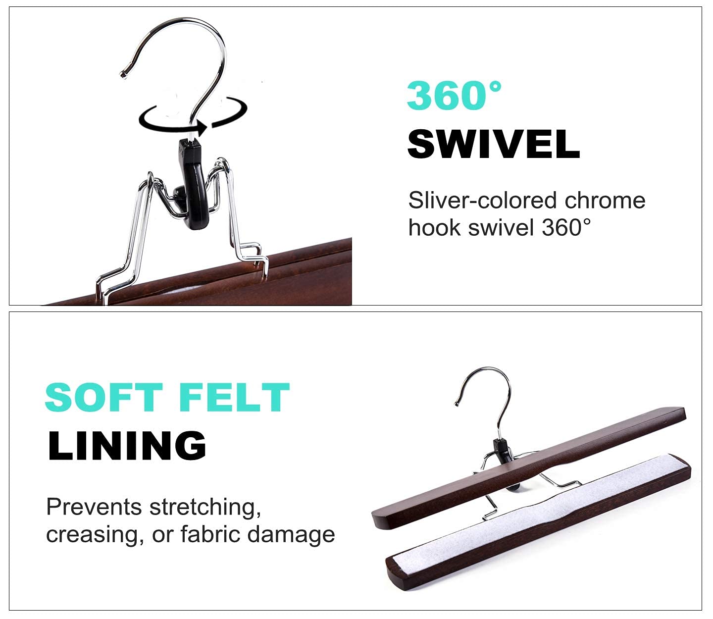 Amber Home 10 Pack Walnut Wooden Pants Hangers, Wood Clamp Hangers With Non Slip Padded Velvet, Jeans/Slacks Hangers Hair Extens