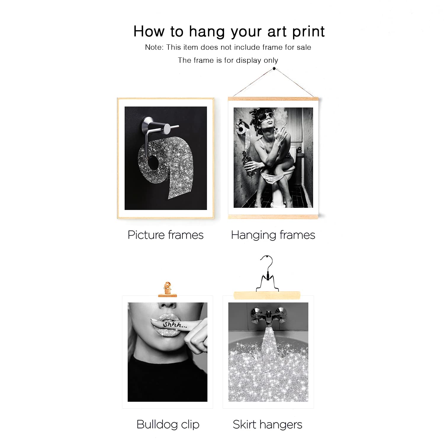 Bathroom Decor Wall Art Prints Glam Glitter Tissue Sliver Grey Funny Bathroom Toilet Paper Artwork For Wall Black And White Mode