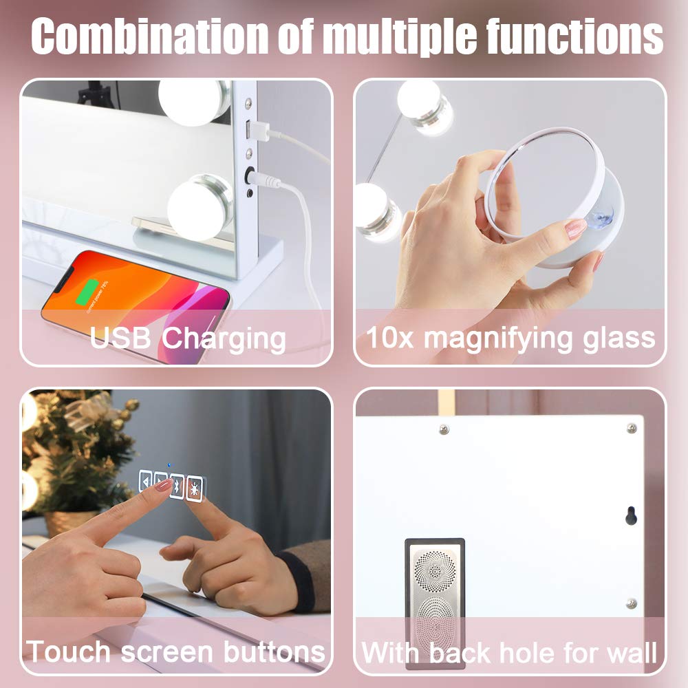 Bobening Vanity Mirror for Makeup Bluetooth  Extra Large Hollywood Lighted Mirror with 18 Dimming LED Bulbs Smart  Tabletop/Hanging Cosmetic Mirror with Touch Screen & USB Charging Port & Speaker