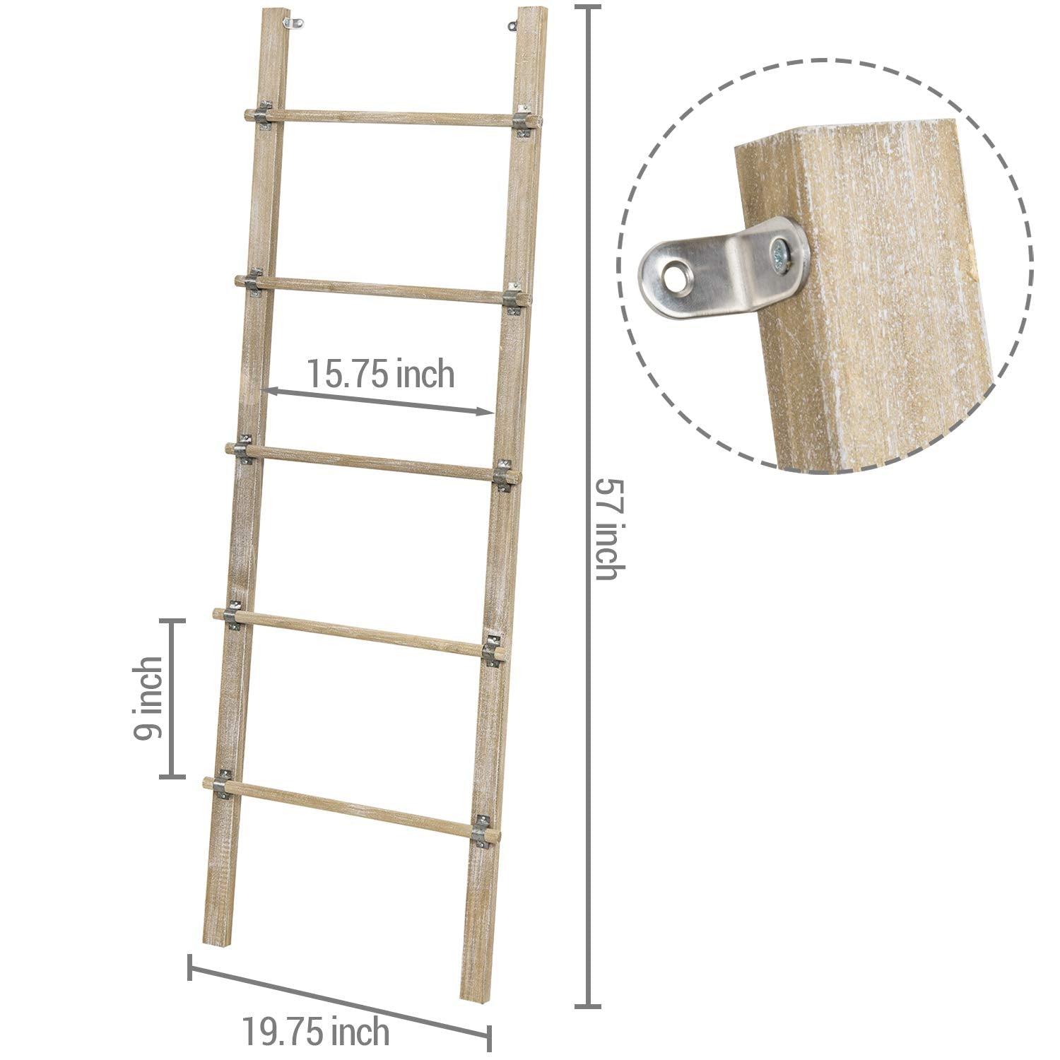 Mygift Solid Wood Vintage Brown Washed Wall Leaning Quilt Ladder, Farmhouse Bathroom Ladder Holder Rack With Rustic Metal Cuffs