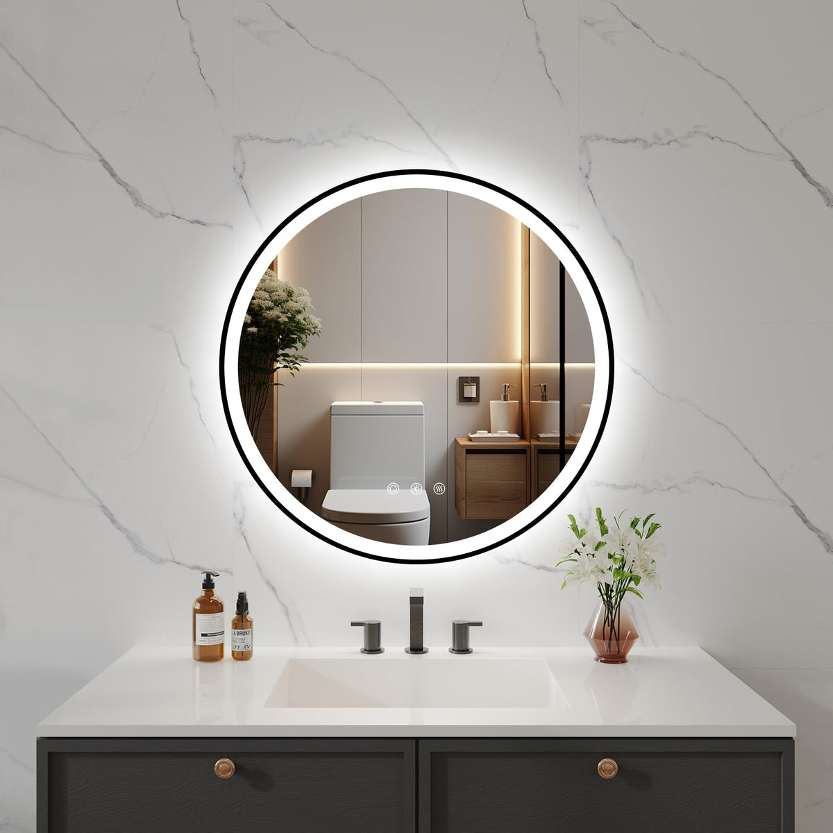 Lovespejo 24'' Round Black Led Mirror For Bathroom With Front And Backlit, Anti-Fog Bathroom Mirror With Lights, Stepless Dimmab