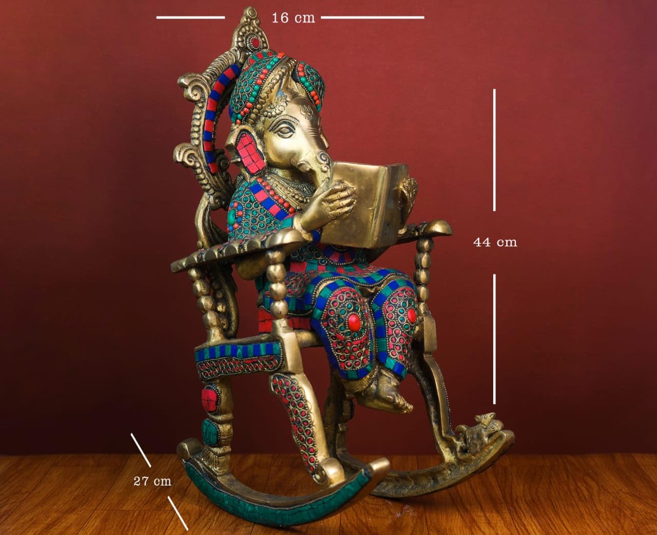 Shivaji Arts Brass Ganesha Statue On Rocking Chair, 16.5 Inch Big Large Ganesh Idol On Reading Book In Brass, Resting Ganesh Ido