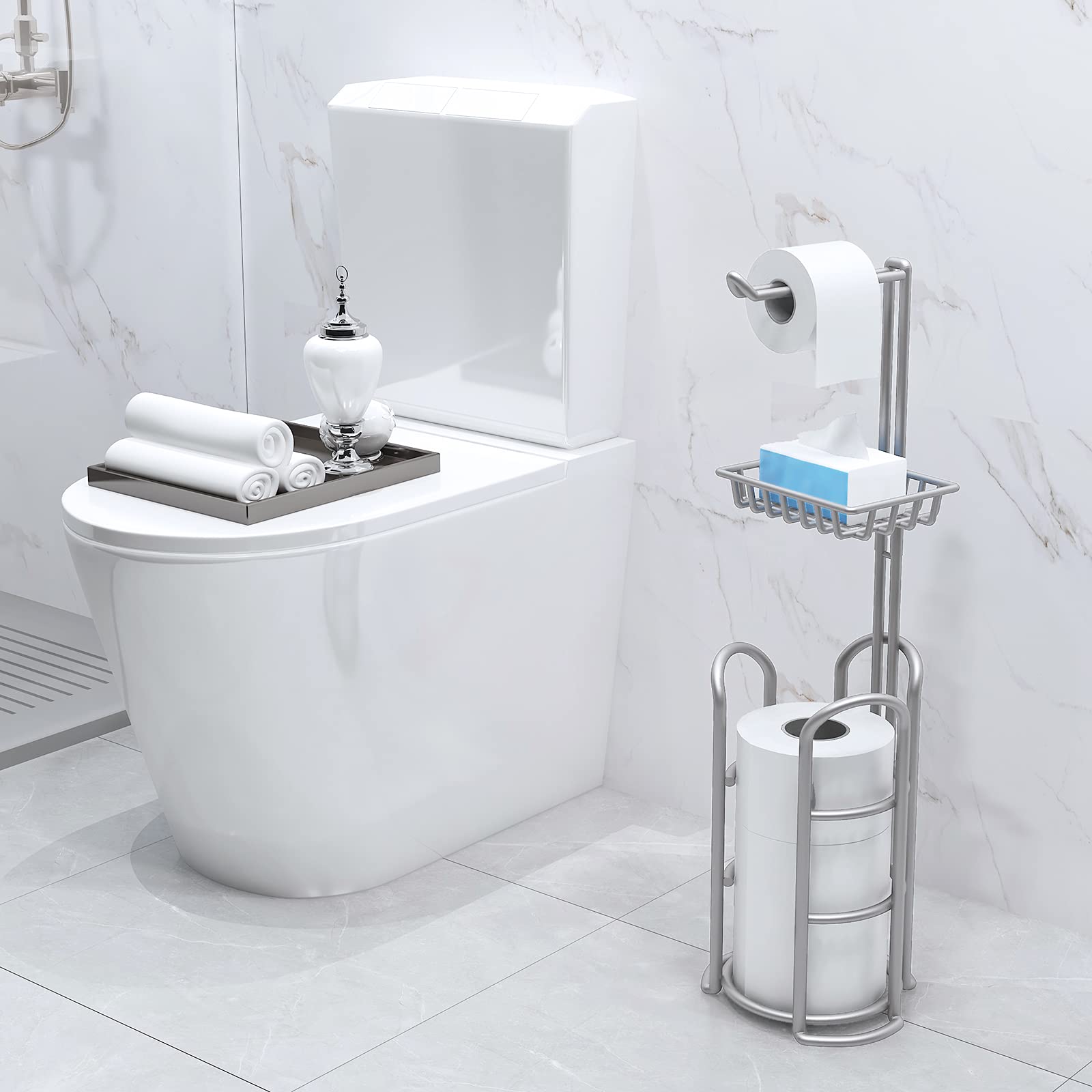 Upgrade Toilet Paper Holder Stand, Silver Gray Freestanding Toilet Paper Roll Holders With Shelf, Bathroom Tissue Storage Rack