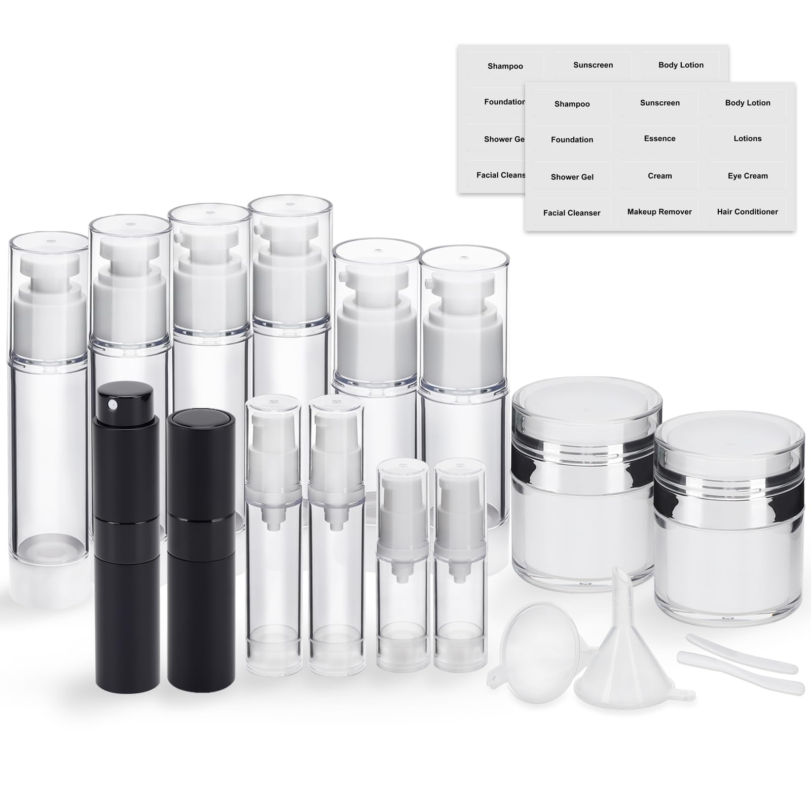 Bubimon 20 Pack Airless Pump Jar & Atomizer Perfume Spray Bottles Set, Leak Proof, Travel Cosmetic Containers For Shampoo Condit