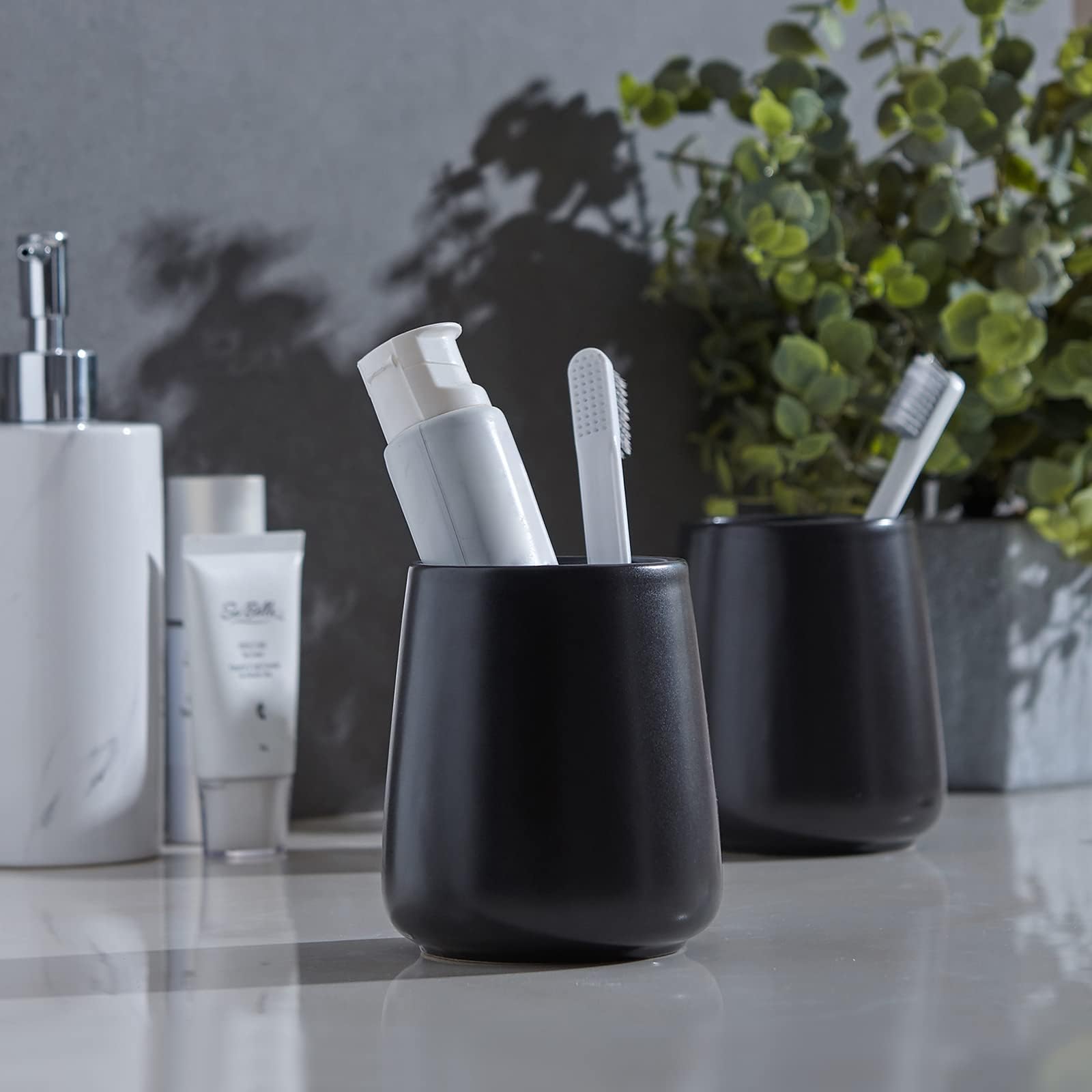 Matte Black Ceramic Toothbrush Holder - Tooth Brushing Holders, Toothbrush And Toothpaste Holder Organizer For Bathroom Countert