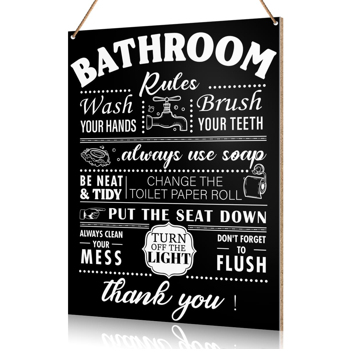 UDNADKEX Bathroom Rules Wall Hanging Decor, Wash Your Hands, Toilet Powder Room Restroom Decor Guest Bathroom Black Wooden Signs