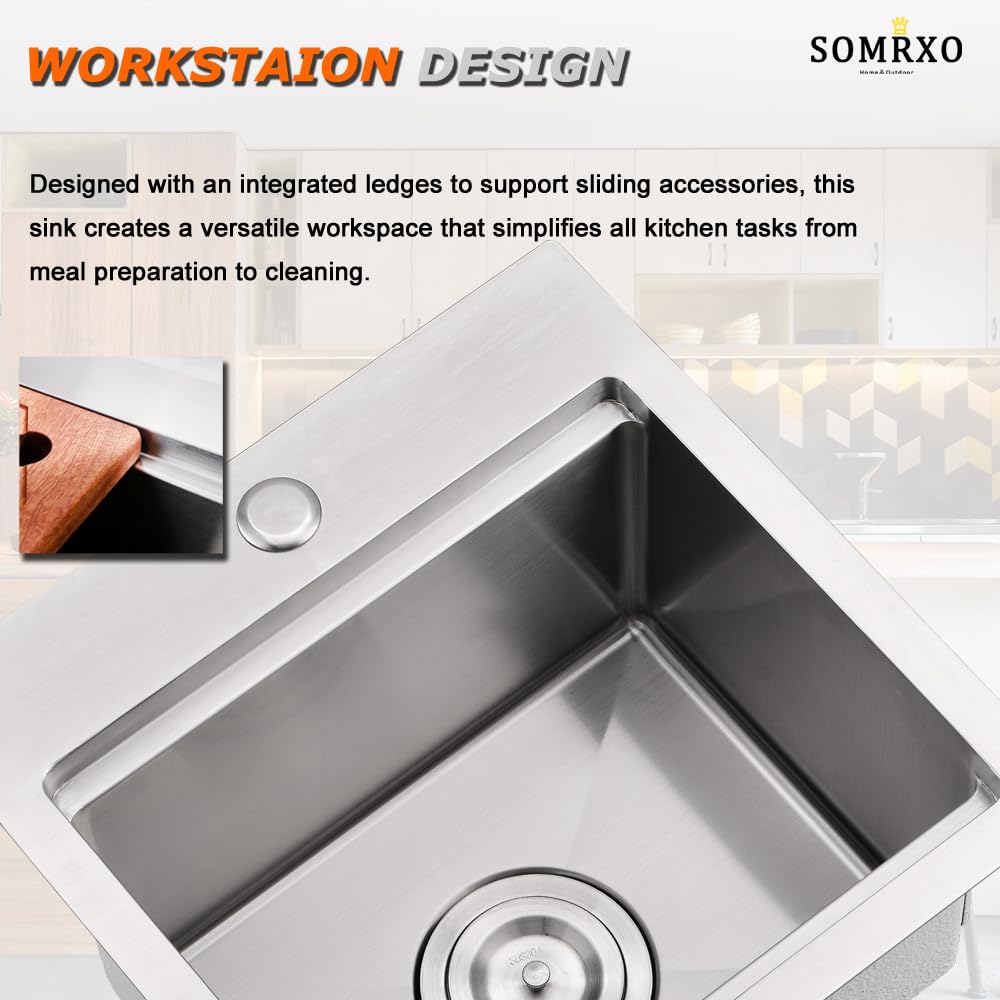 15 Inch Drop In Bar Sink Workstation-Somrxo 15  15 Bar Sink Drop In Workstation Sink Small Kitchen Sink 16 Gauge Stainless Steel