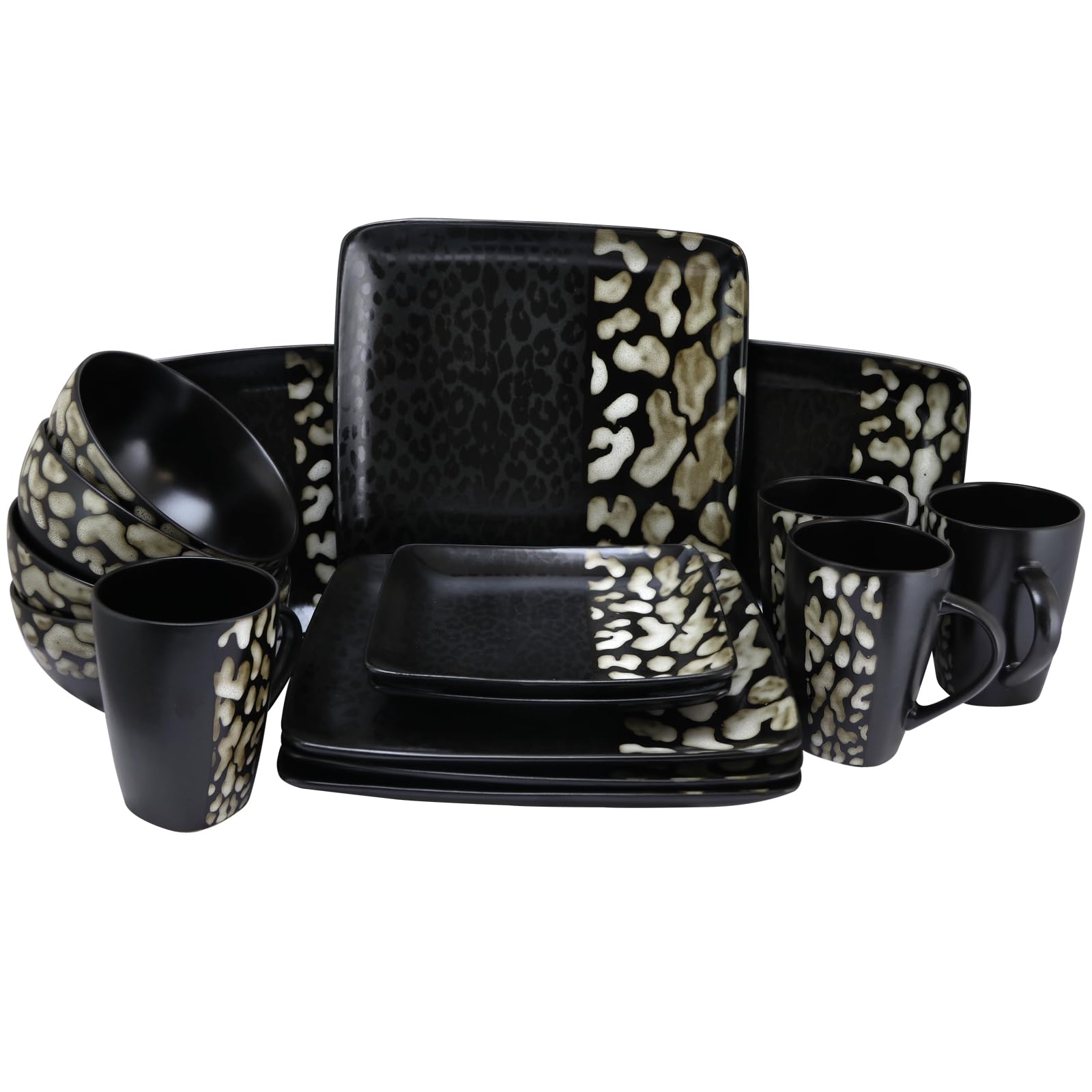 Elama Square Stoneware Pattern Dinnerware Dish Set, 16 Piece, Matte Black with Cheetah Design