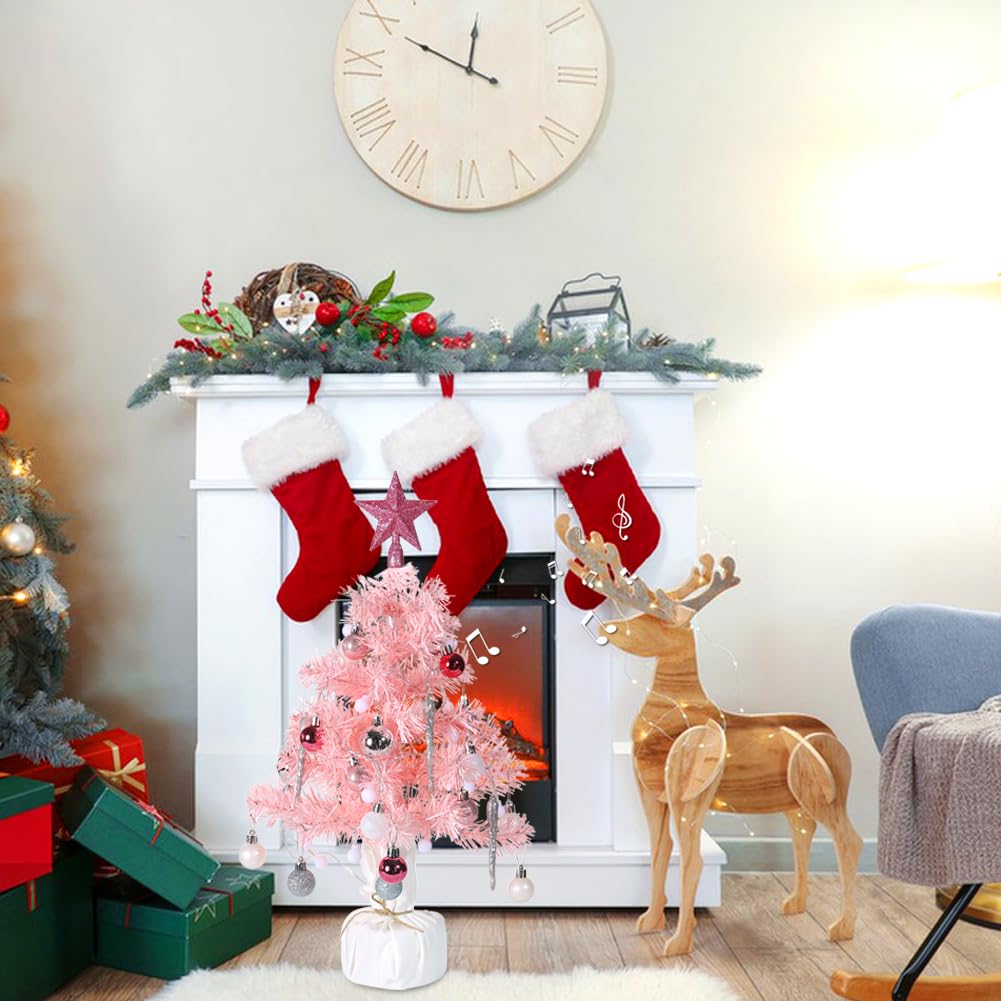 Mini Pink Christmas Tree, Small Christmas Tree with Music Tabletop Artificial Prelit Xmas Tree Christmas Decorations Indoor Outd