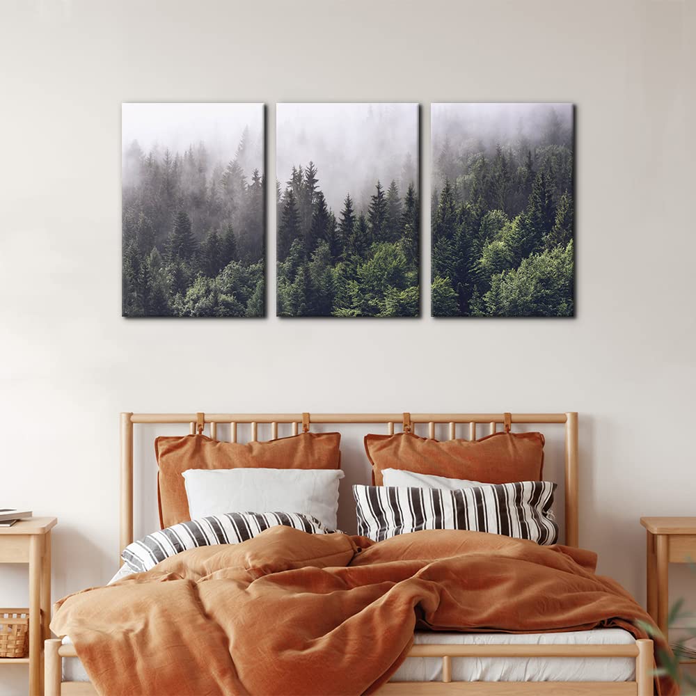 Pacimo Canvas Wall Art Fog Over Pine Tree Forest Nature Wilderness Photography Modern Art Rustic Landscape Relax/Calm Cool For W