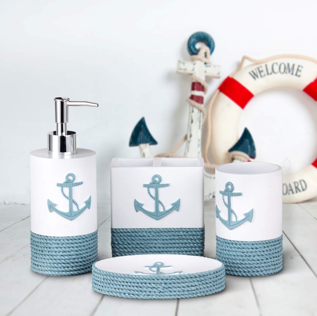 Tideandtales Luxury Nautical Bathroom Accessories Set (4 Piece) Rope And Anchor Beach Bathroom Decor With Ocean And Sea Theme De