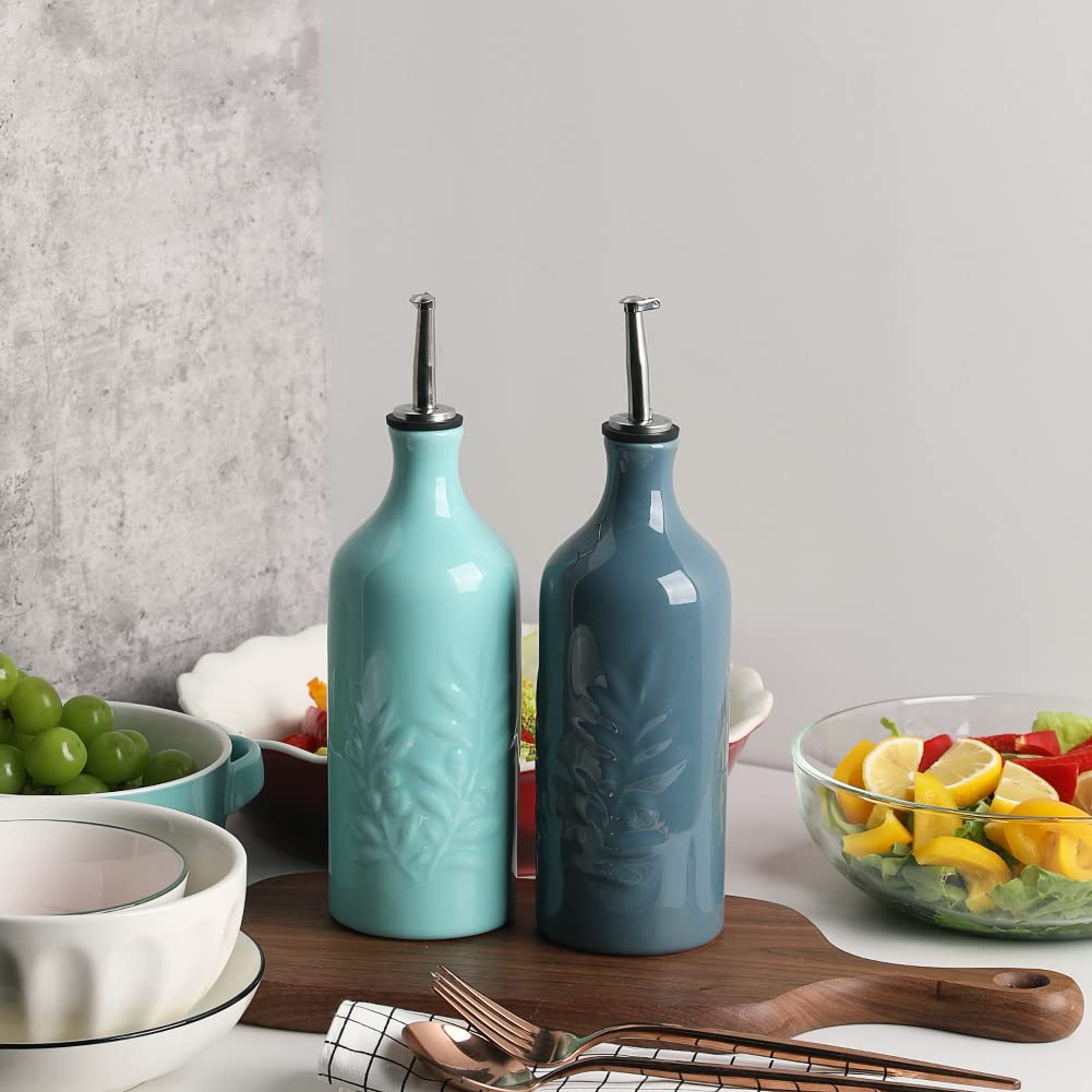Sweejar Ceramic Olive Oil Dispenser Bottle, 20 Oz Relief Opaque Oil Cruet Protects Oil To Reduce Oxidation, Suitable For Storage