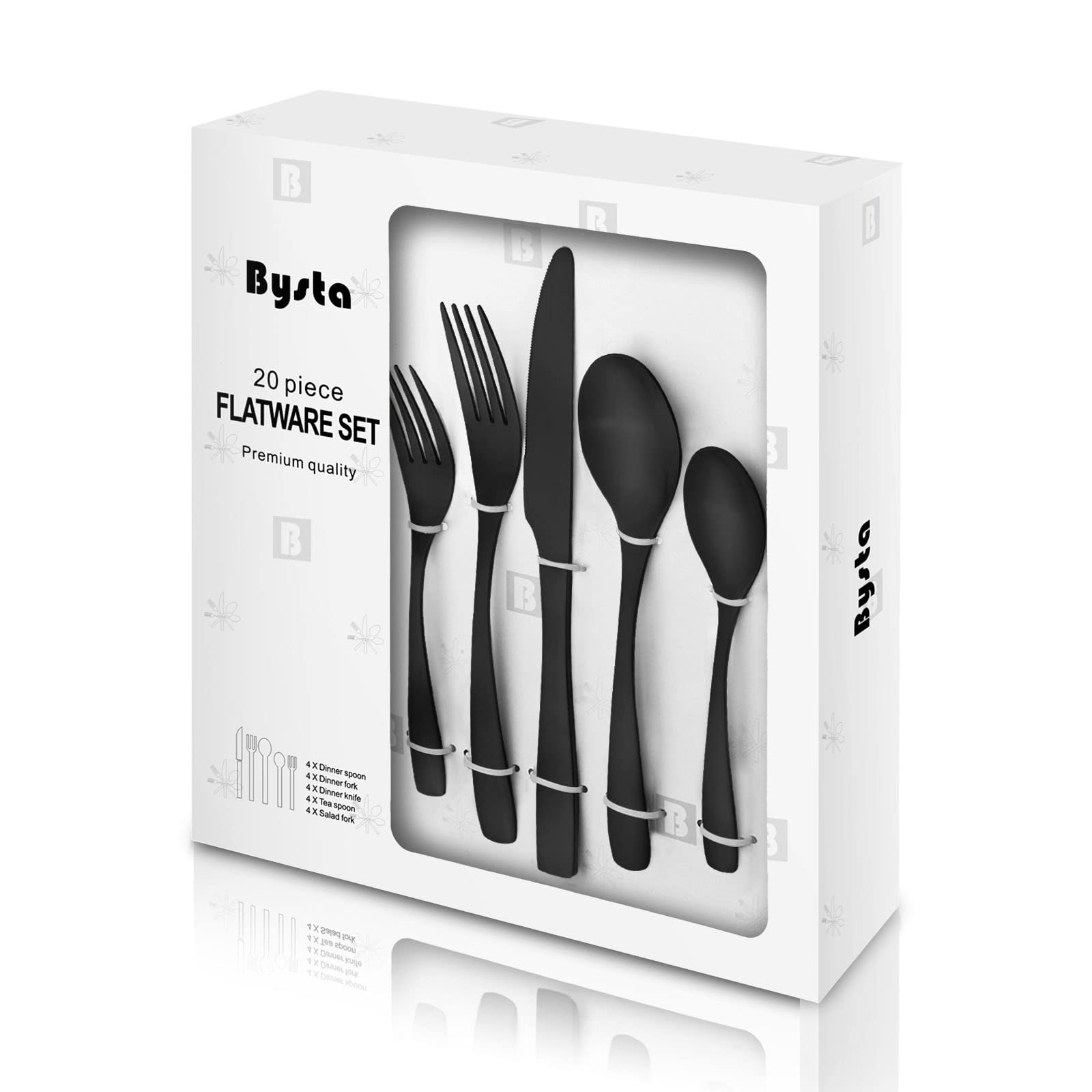 Matte Black Silverware Set, Bysta 20-Piece Stainless Steel Flatware Cutlery Set For 4, Satin Finish, Dishwasher Safe, Nice Box P