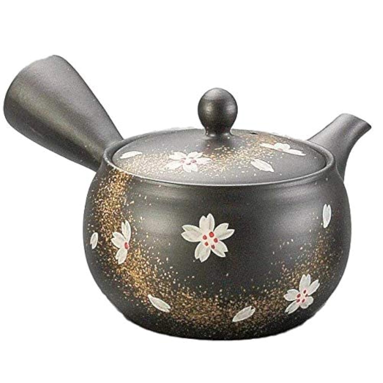 Yamakiikai, Black Color Japanese Ceramic Teapot with White Sakura and Gold lines Pattern, 280cc, Made in Japan