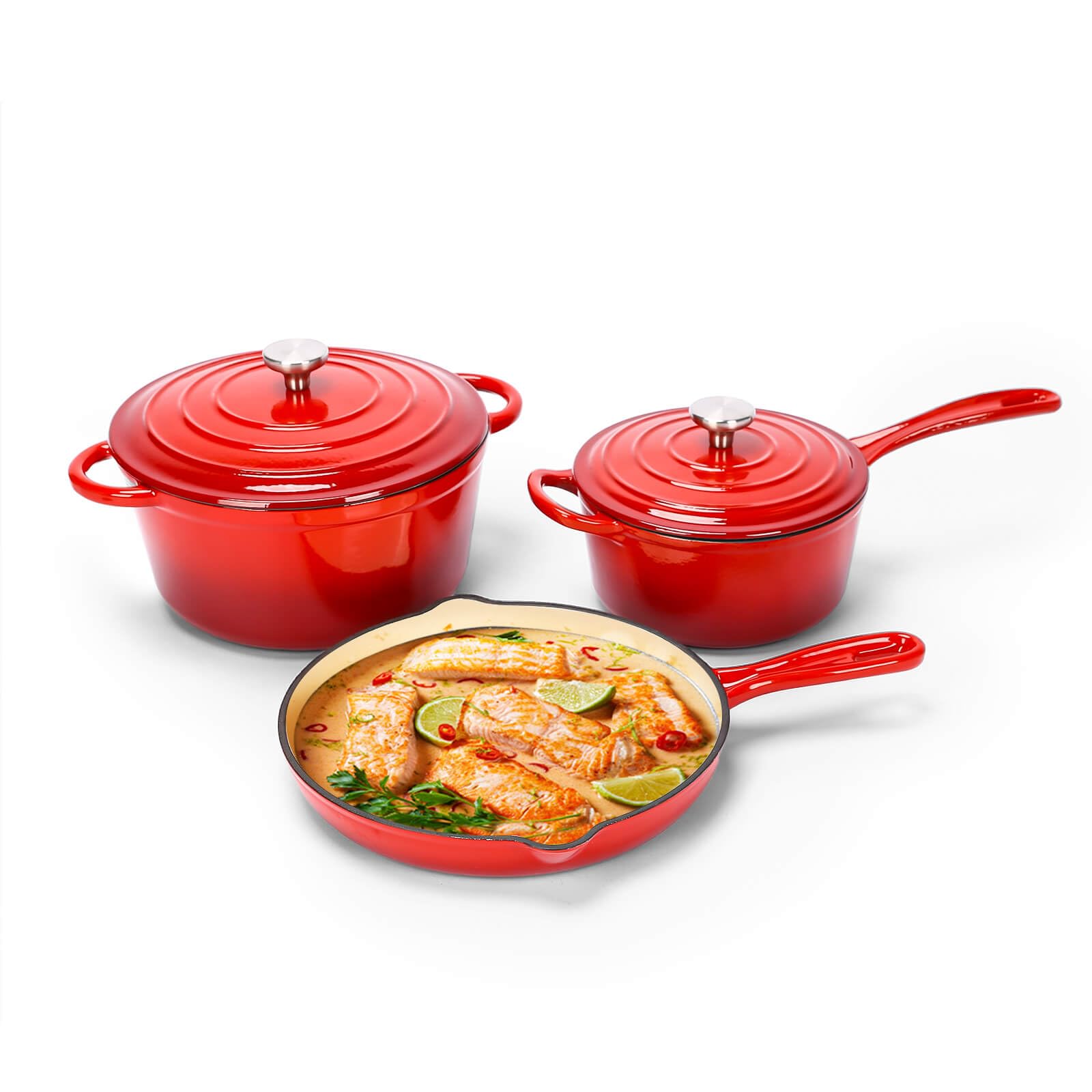 Hisencn 3Piece Enameled Cast Iron Skillet Set Ceramic Coated Cast Iron