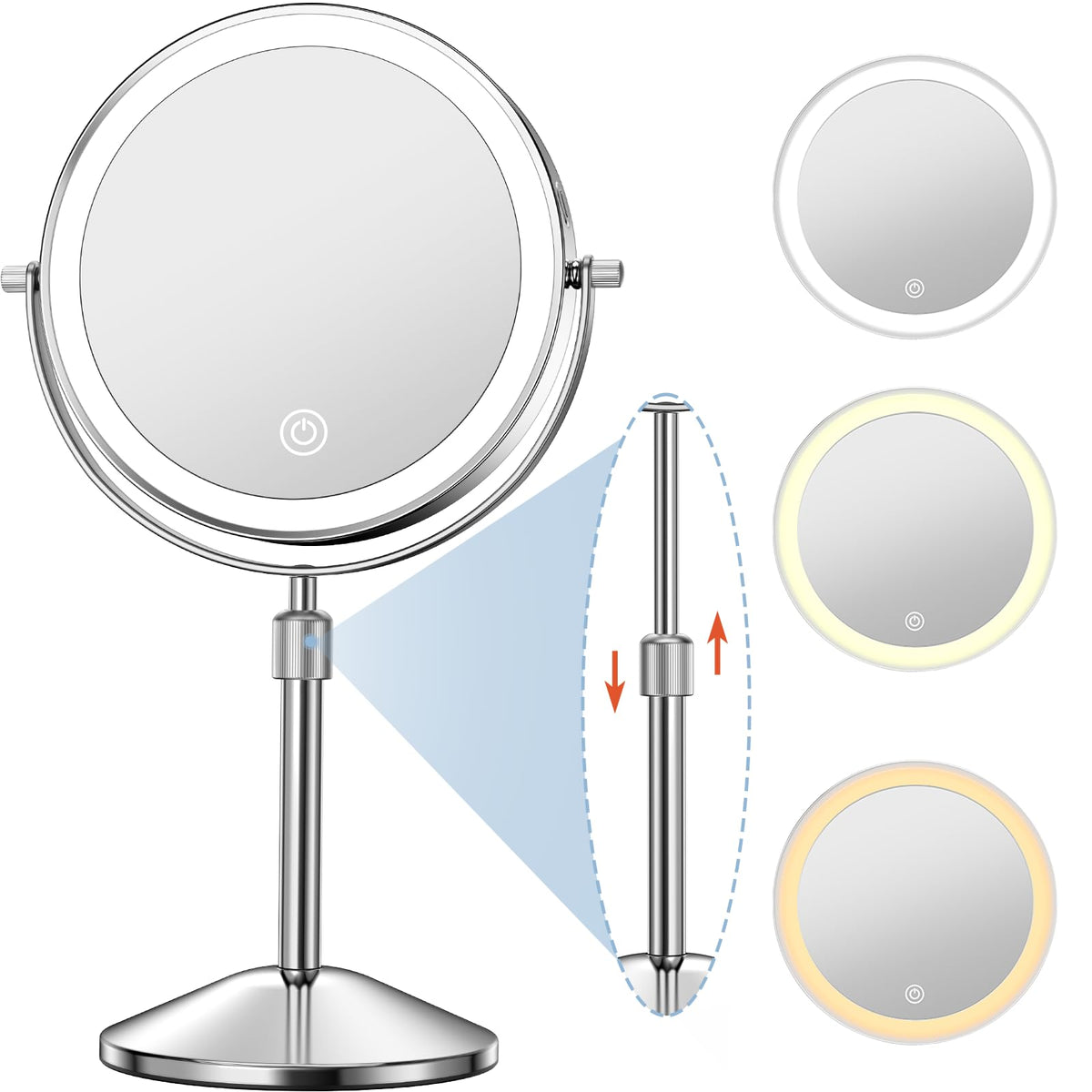 Niuphia Vanity Mirror With Lights 7'' Rechargeable 1X/10X Lighted Makeup Mirror Adjustable Height Double Sided Mirror With Light