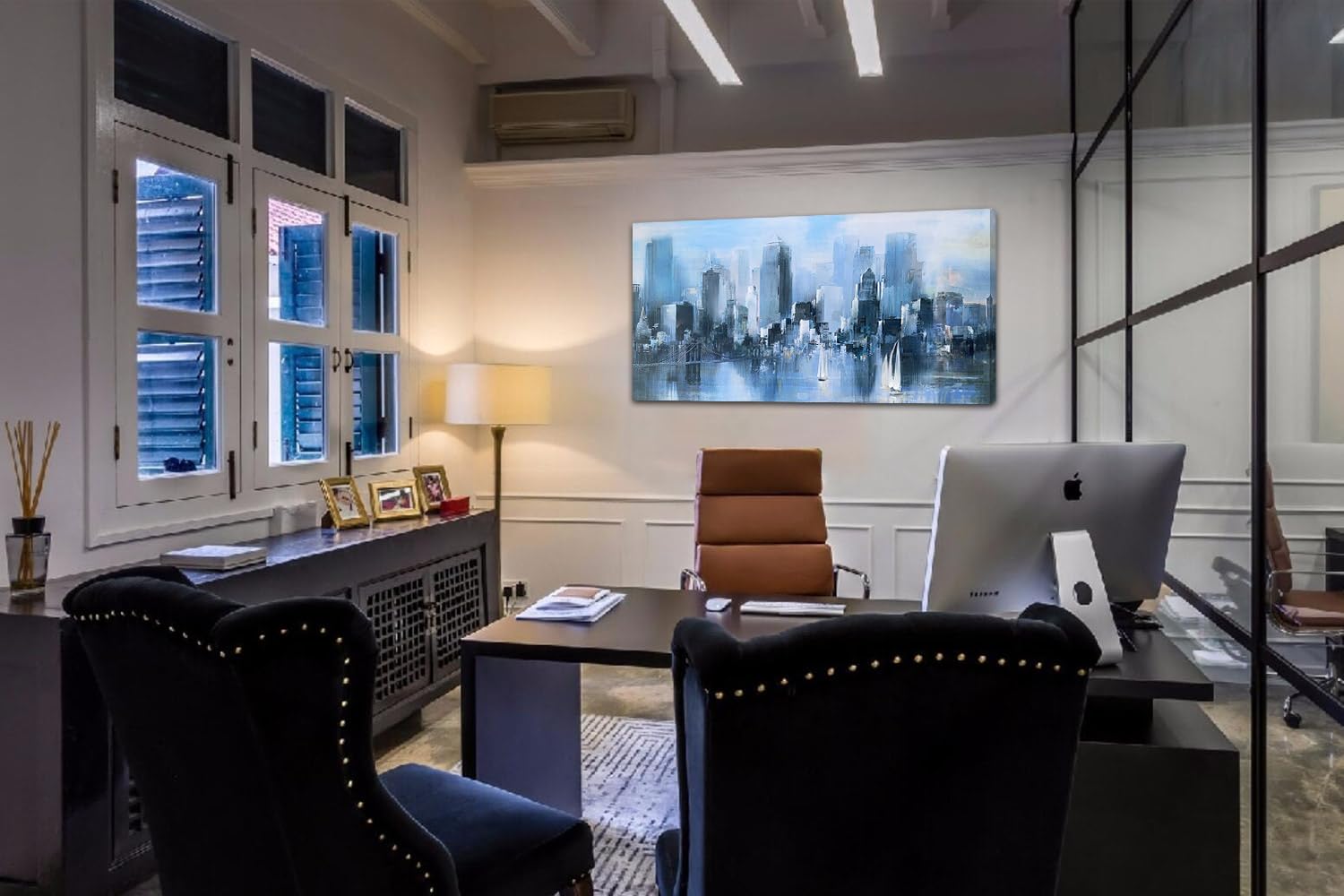 Acocifi New York City Canvas Wall Art Abstract Cityscape Brooklyn Bridge Painting  Skyline Picture Sailboat Blue Print Textured Artwork Framed for Living Room Bedroom Kitchen Office Home Decor 60''x30''