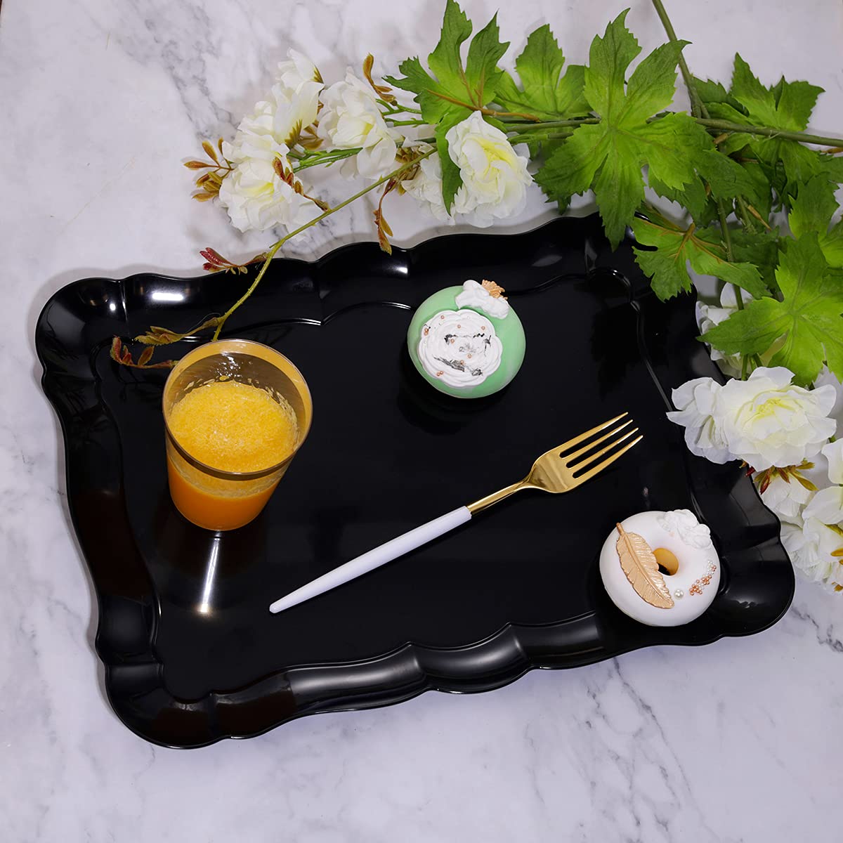 Bbg 6 Pack Black Plastic Food Serving Trays, 15'' X 10'' Halloween Party Platters And Trays, Rectangle Black Plastic Serving Tra