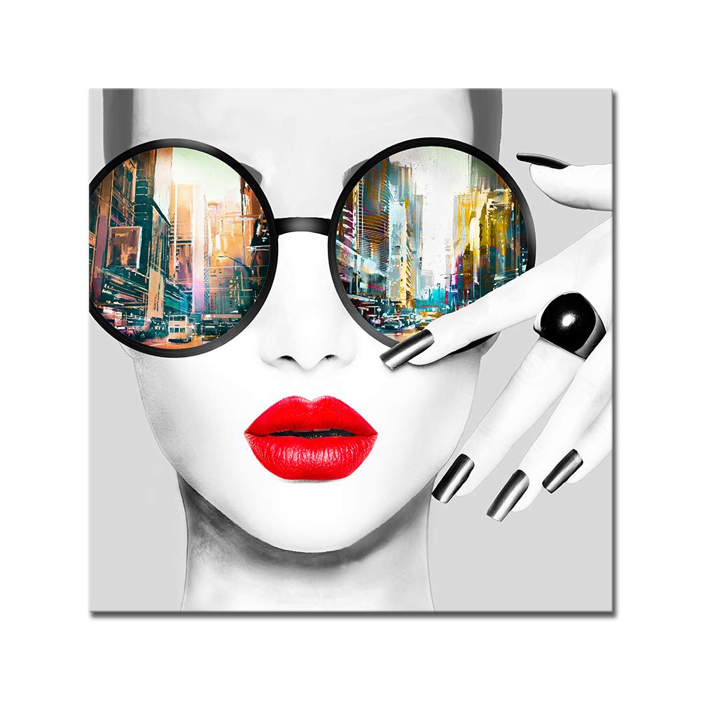 Contemporary Wall Art Modern Fashion Women with Red Lip Canvas Print Stylish Feminine Wall Art Painting Framed Cityscape Piture Ready to Hang for Home Decoration (28x28inch)