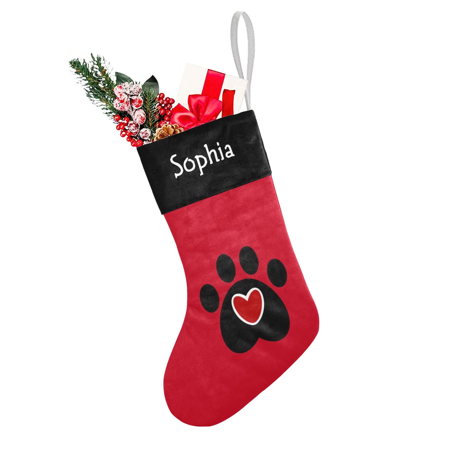 SunFancyCustom Paw Print Red Heart Christmas Stocking with Name Custom Xmas Stockings for Family Wedding Party Decor 17.52 x 7.8