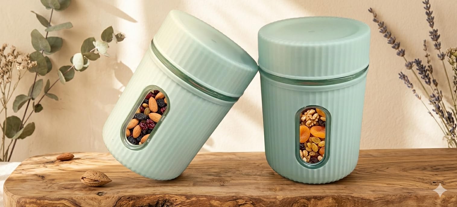 Window Airtight Quality Plastic Kitchen Storage Containers Set Of 2 800Ml,Light Green, BpaFree, Ribbed, Plastic Dabba, Barani F