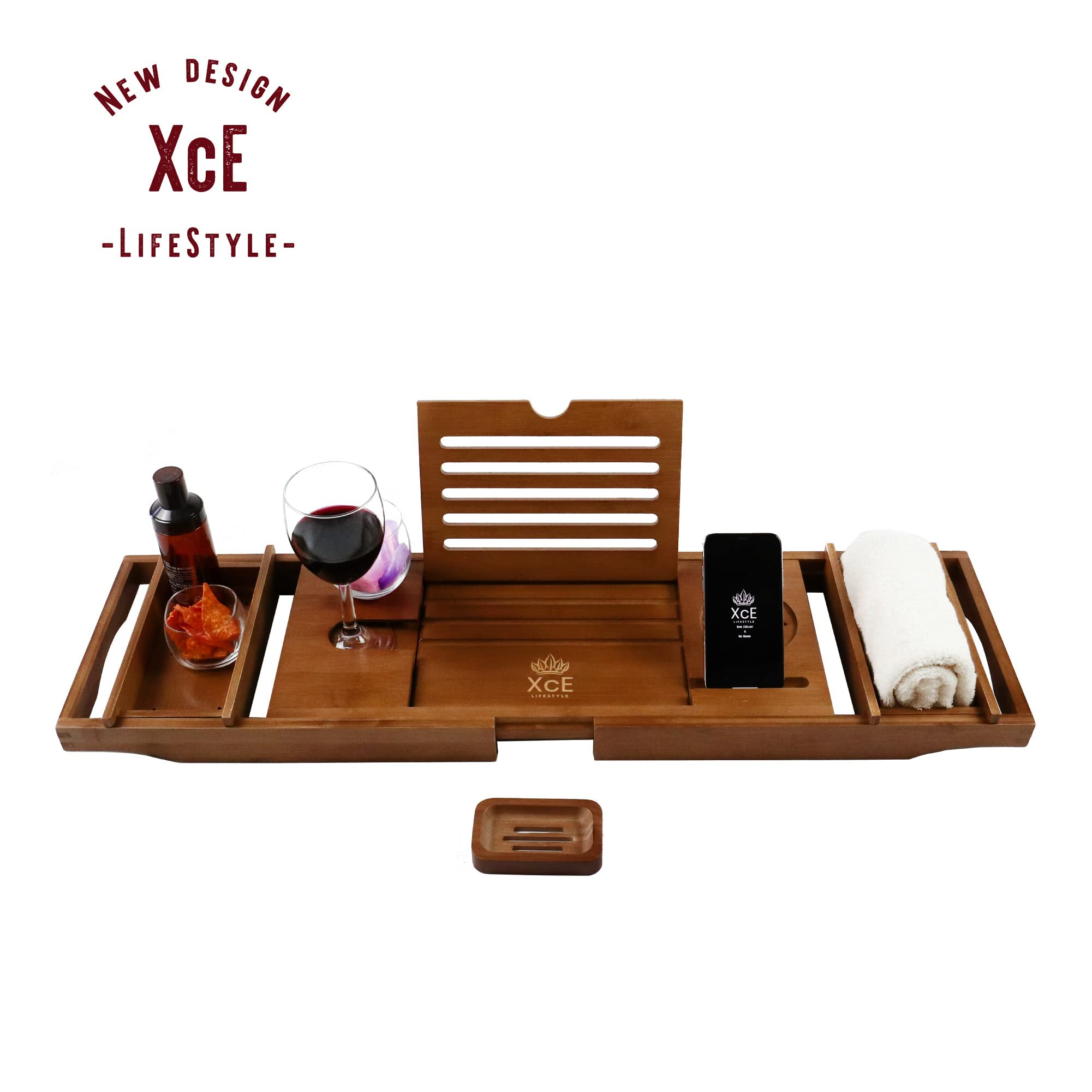 Xce Bathtub Caddy Tray Expandable To 105Cm With Bamboo Book Stand And Soap Tray, Brown