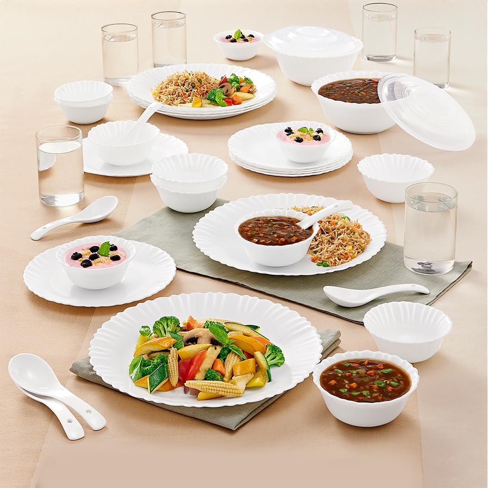 Larah By Borosil Brand Logo Silk Series Opalware Dinner Set With Glasses 40 Pieces For Family Of 6, Microwave & Dishwasher Safe,