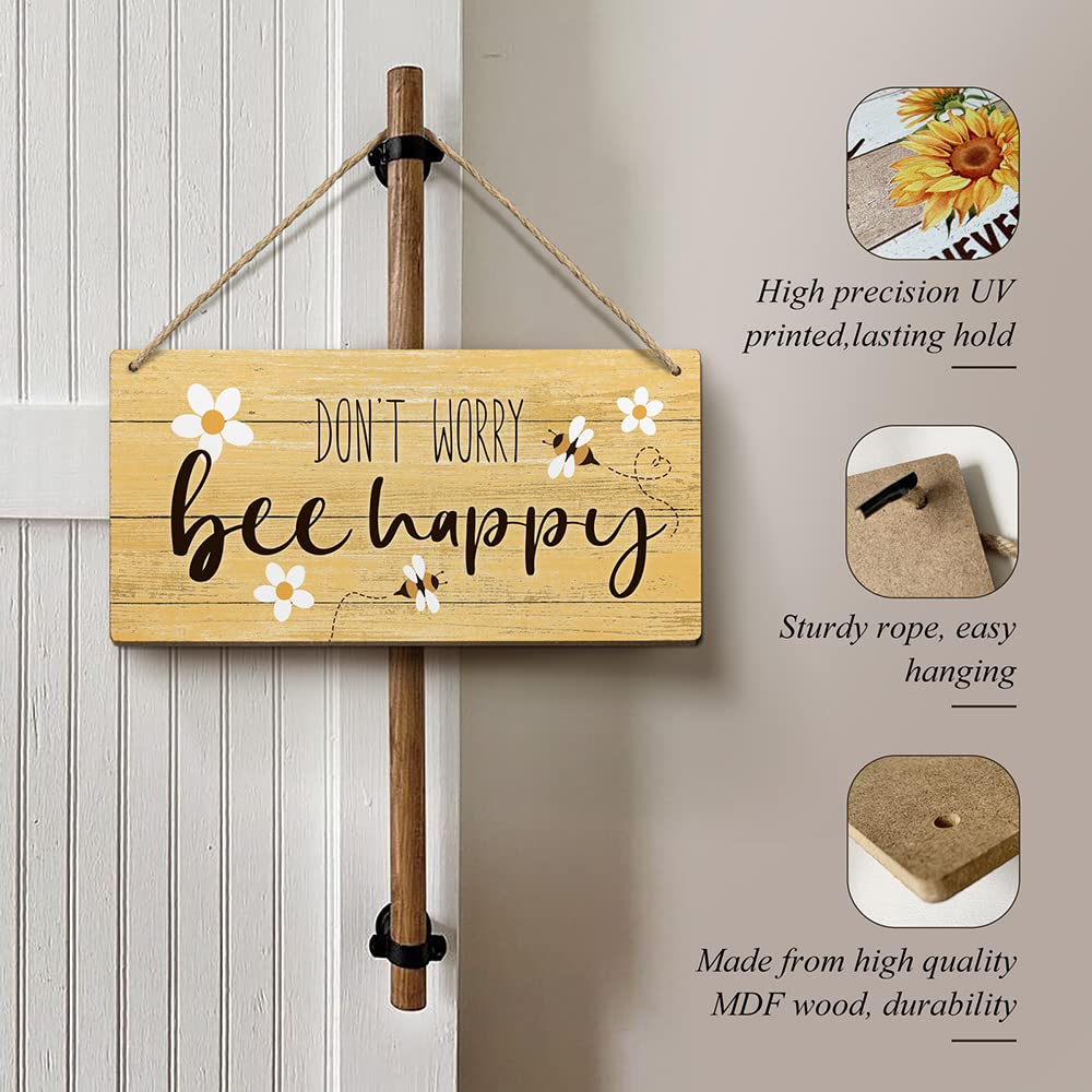 Heuhuww Dont Worry Bee Happy Sign 6x12 Bee Decor Signs for Front Door Wall Porch Home Room Decor,Inspirational Bee Gifts for Wom