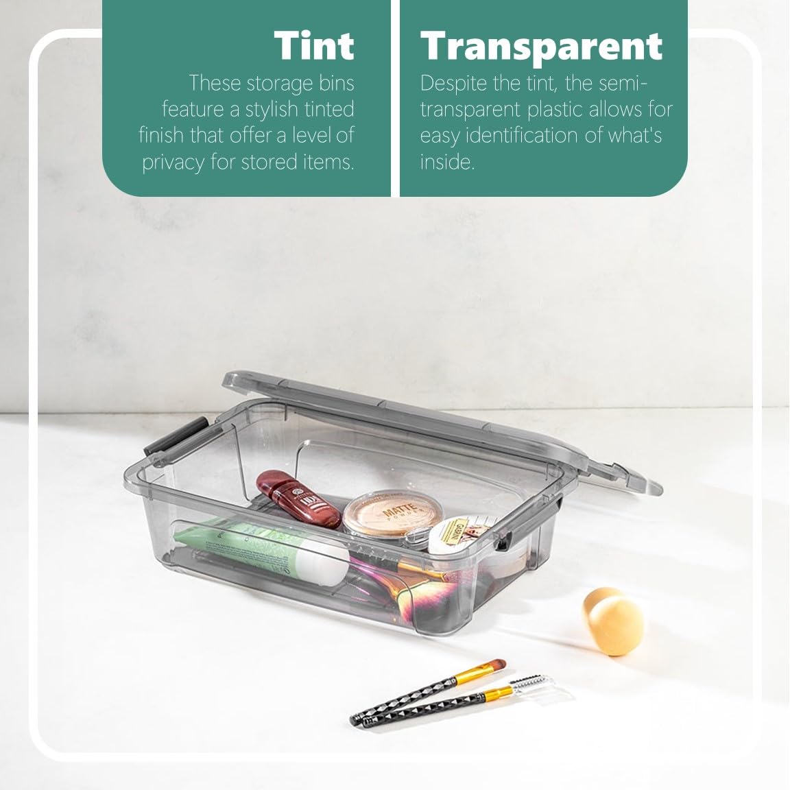 Tribello Small Storage Container Bin With Lids, Plastic Storage Container With Latching Lids For Organizing - Tinted - (11.5 X 8