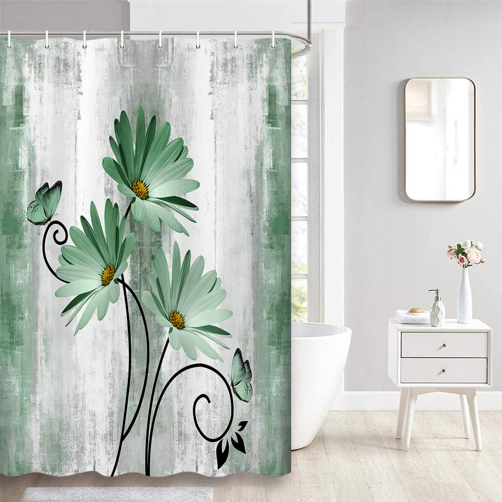 Rustic Farmhouse Shower Curtain, Farm Sage Green Daisy Floral Flowers And Butterfly On Country Wooden Shower Curtain For Bathroo