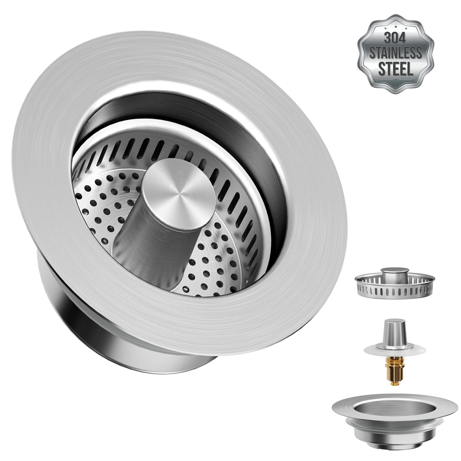 Kitchen Sink Drain Strainer And Sink Stopper(3 In 1), Upgraded Stainless Steel Drain Basket/Brass Pop-Up Bounce Core/Double Seal