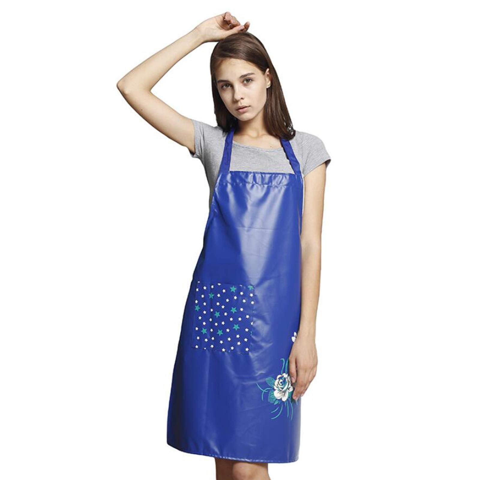 Pu Kitchen Oil And Waterproof Aprons For Women With Pocket For Cooking Washing Blue