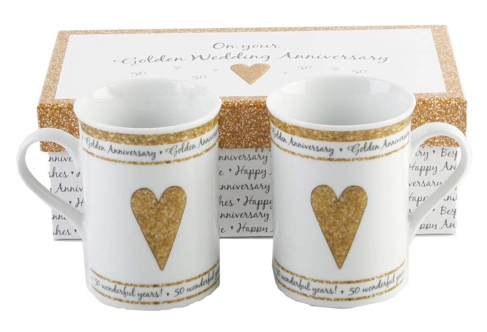 Haysom Interiors Beautifully Designed 50th Golden Wedding Anniversary Set of Ceramic Mugs with Hearts | Dishwasher and Microwave