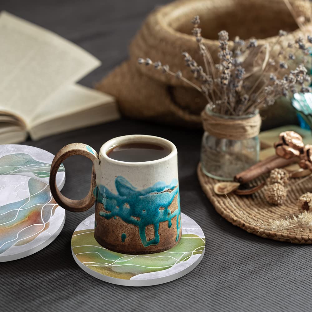 Umirro Ceramic Stone Coasters For Drinks Absorbent With Holder | Agate Style Coasters Set With White Marble Texture Background |