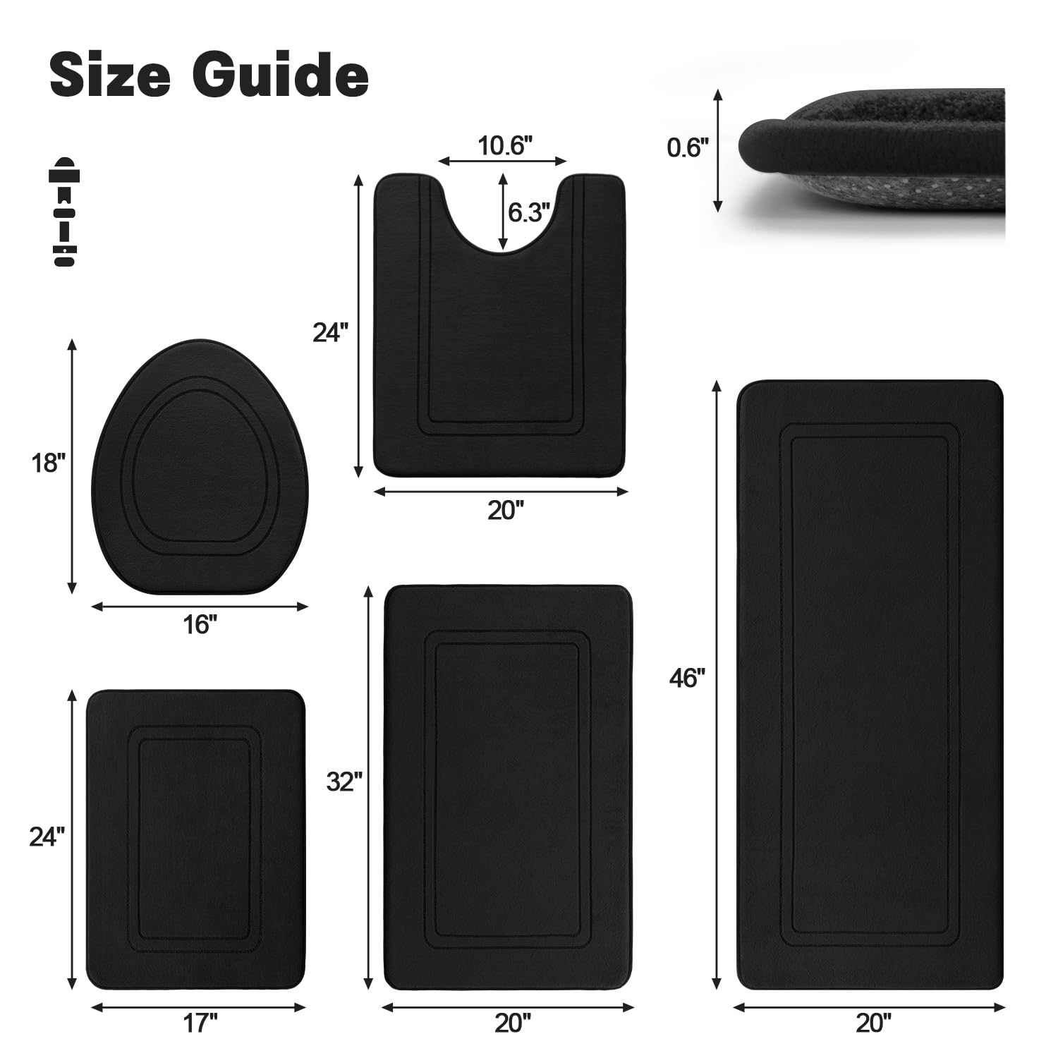 Yihouse Black Memory Foam Bathroom Rug Set 5 Piece, Absorbent Bathroom Mat Set, Non Slip Bath Mats For Bathroom, Washable & Dry
