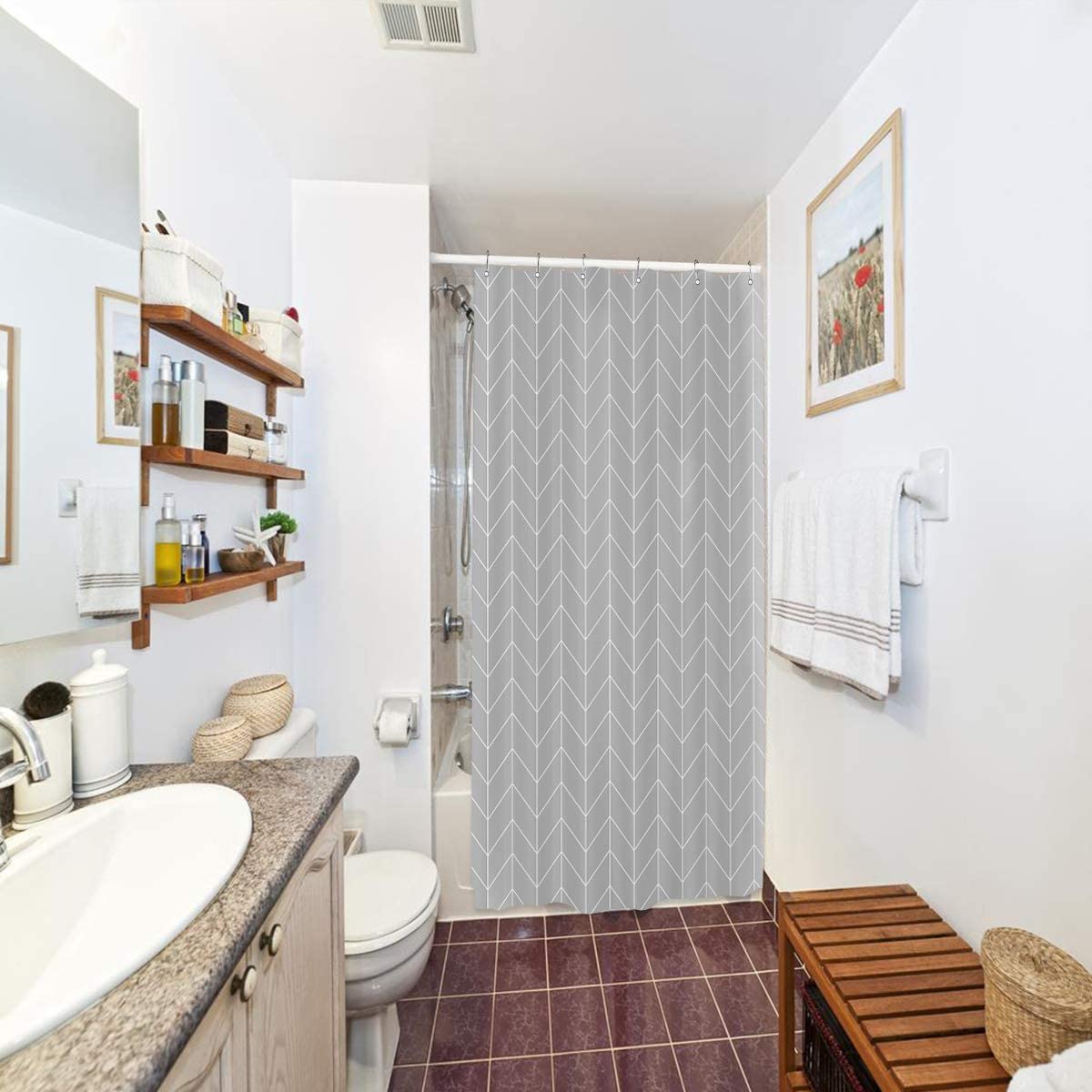 Riyidecor Gray Grey Stall Small Dorm Grey Half Size Fabric Shower Curtain Liner for Bathroom Stand Up 36x72 Inches Wide Single Narrow Chevron Herringbone Geometric RV Tiny Walkin Polyester Bathroom
