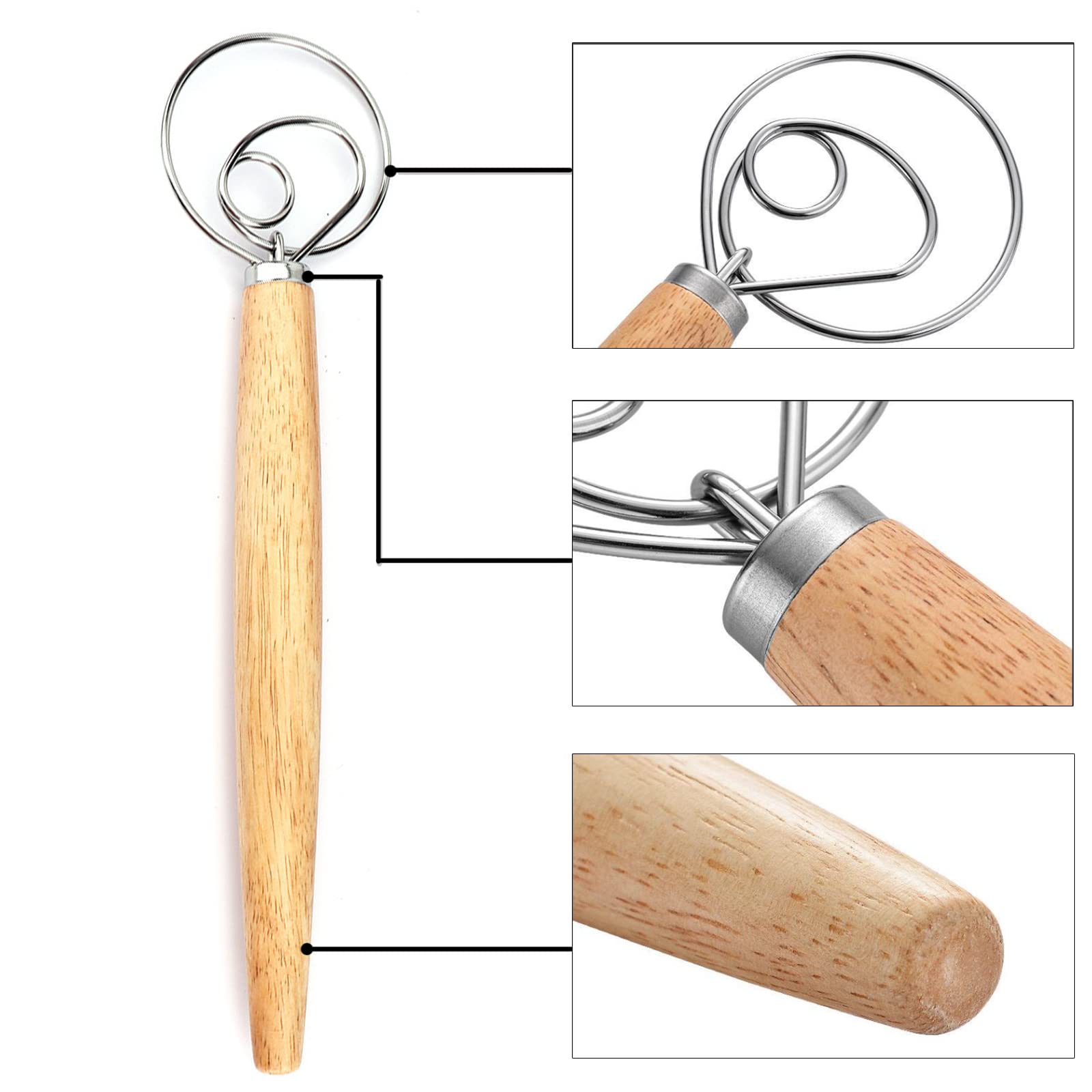 13 Inch Danish Dough Whisk - Large Wooden Danish Whisk For Dough With Stainless Steel Ring - Traditional Dutch Whisk Baking Tool