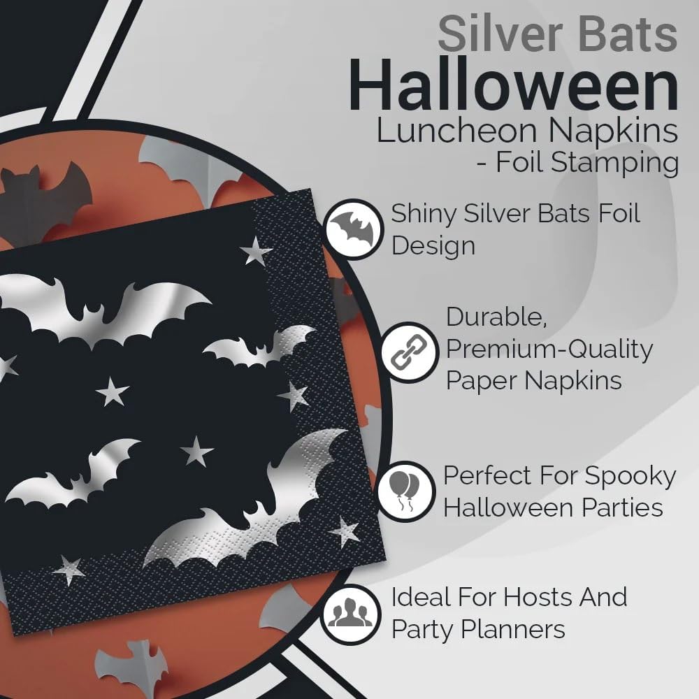 Silver Bats Halloween Luncheon Napkins - 20 Count - Spooky & Stylish Party Decor, Perfect For Festive Halloween Gatherings