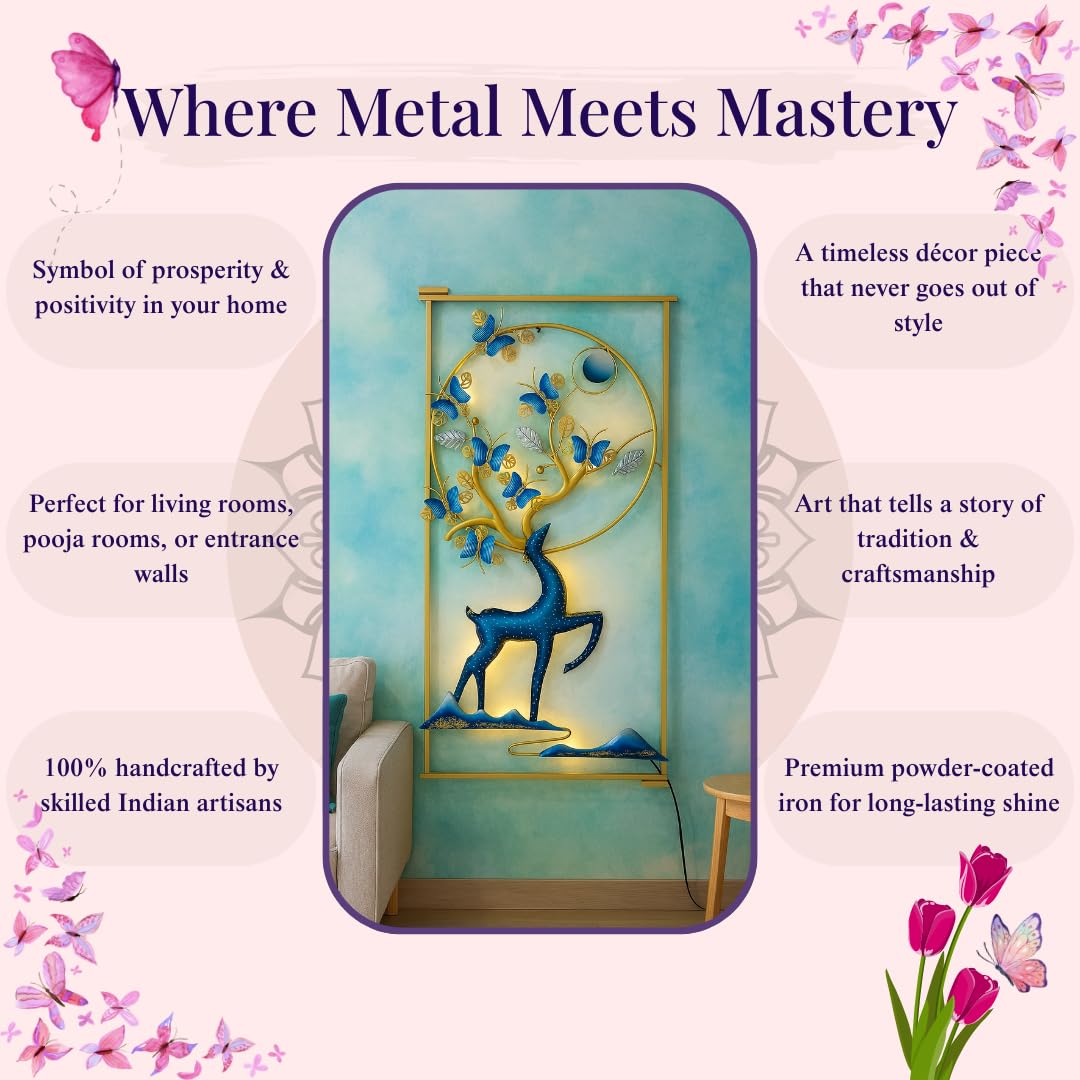 MANMOHINI CREATIONS Deer And Butterfly With LED Metal Frame Wall Dcor Entrance/Wall Hanging For Living Room, Bedroom, Home Offic
