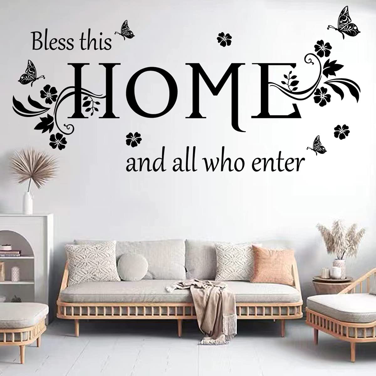 Black Vinyl Wall Sticker Wall Word Quotes Bless This Home And All Who Enter Wall Decals Flowers Butterfly Wall Decor Sticker For